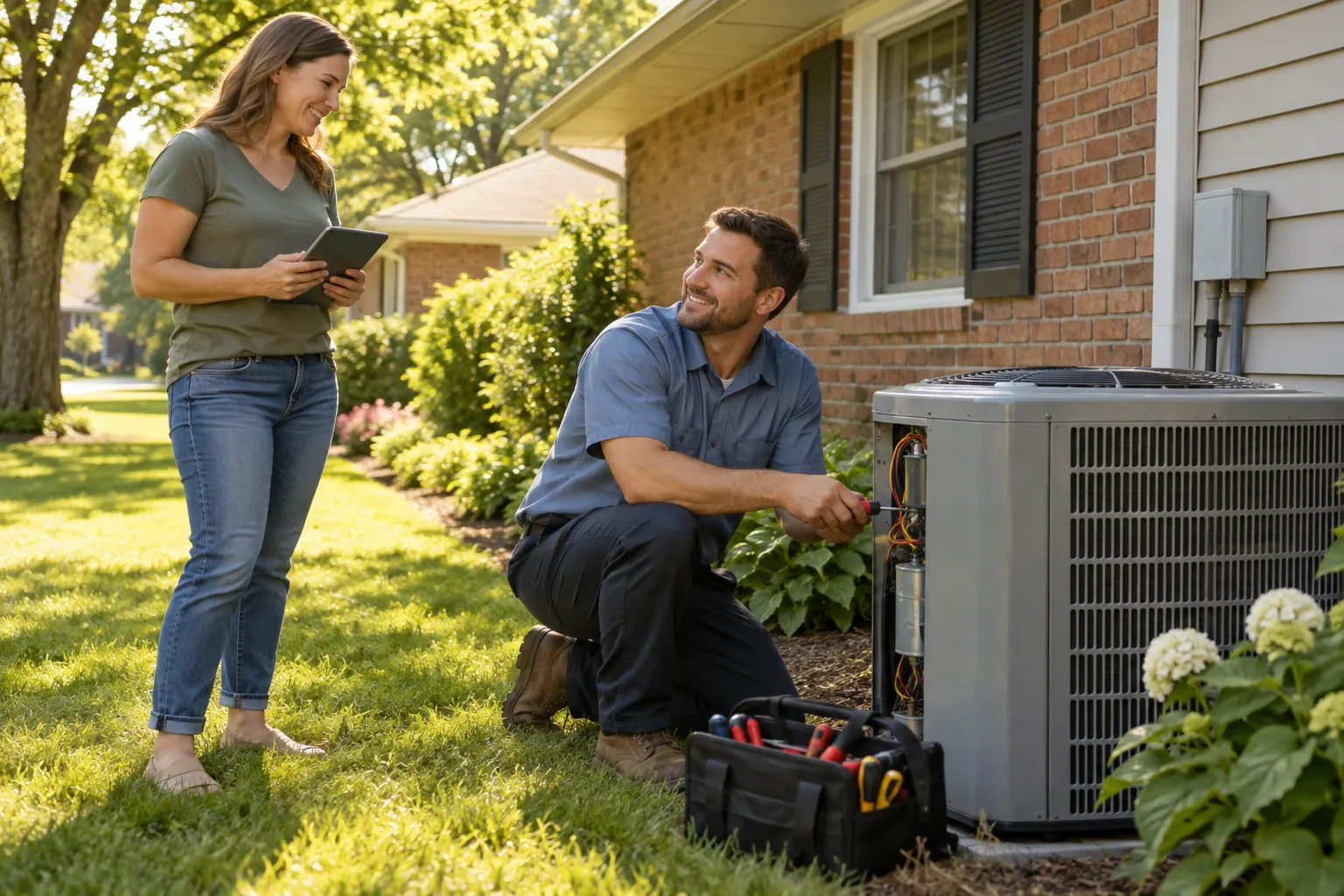 A friendly local HVAC provider checking an outdoor air conditioner beside a brick ranch home in New Orleans