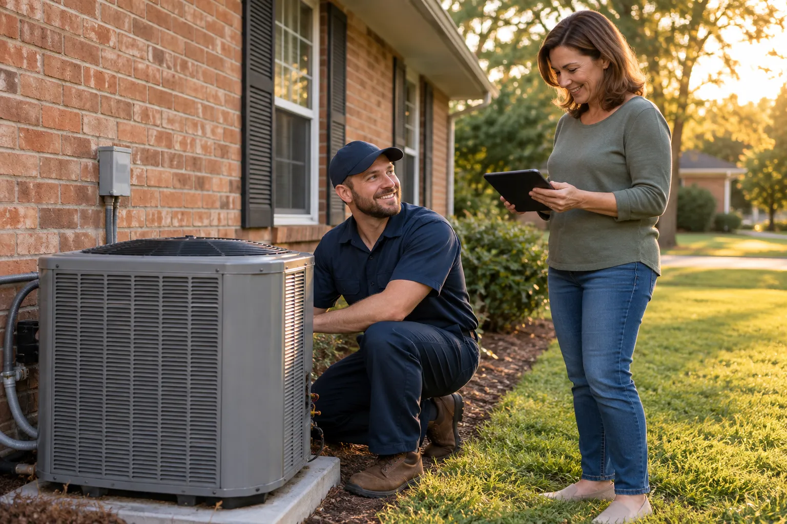 A friendly HVAC provider checking an outdoor AC unit beside a brick ranch home in New Orleans